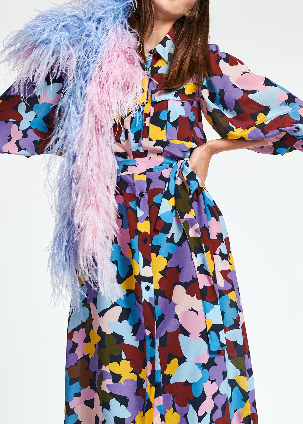 Silk burgundy, lilac and blue butterfly-print midi dress RE—SSENTIEL second-hand photo 7