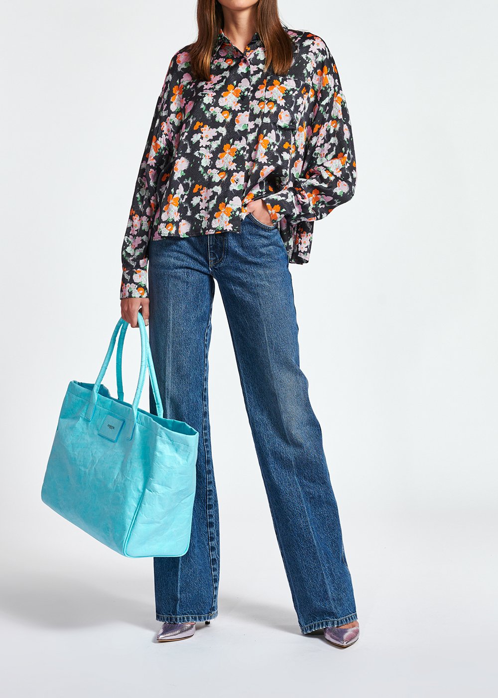 Chemise bleu foncé à  fleurs RE—SSENTIEL seconde main photo 3