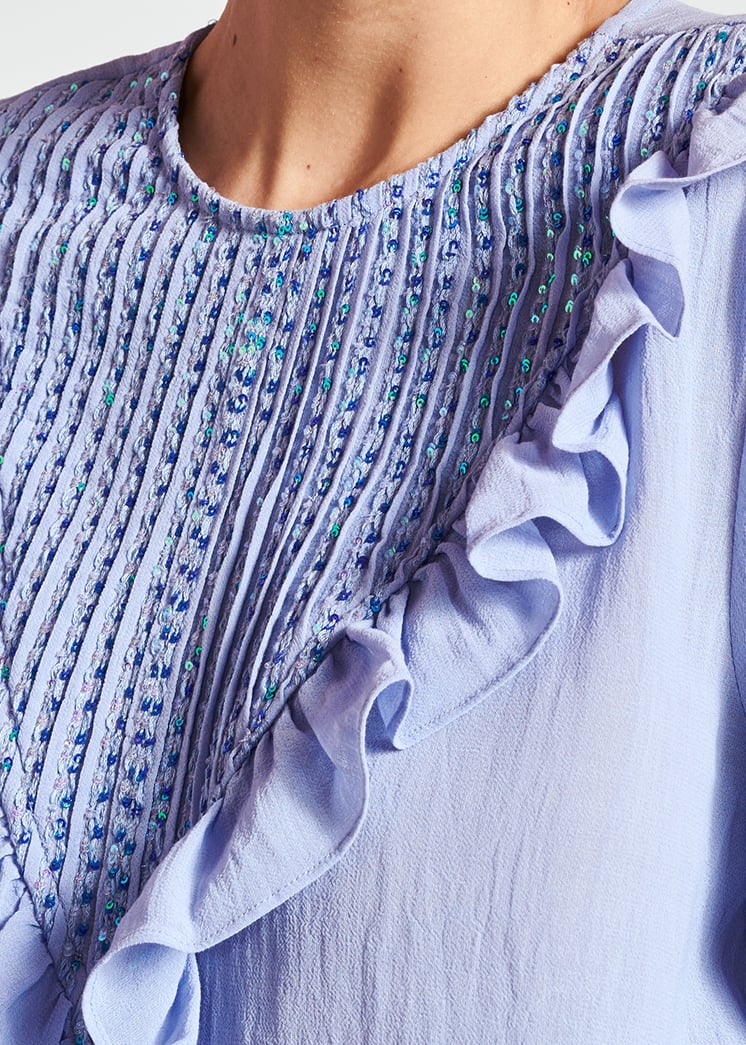 Top bleu clair avec ruches et paillettes RE—SSENTIEL seconde main photo 4