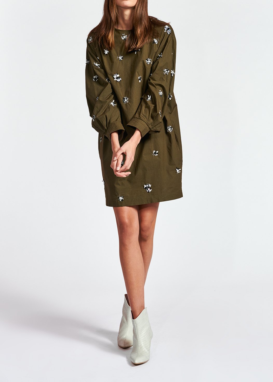 Khaki green cotton-polin dress with sequin details RE—SSENTIEL second-hand photo 3