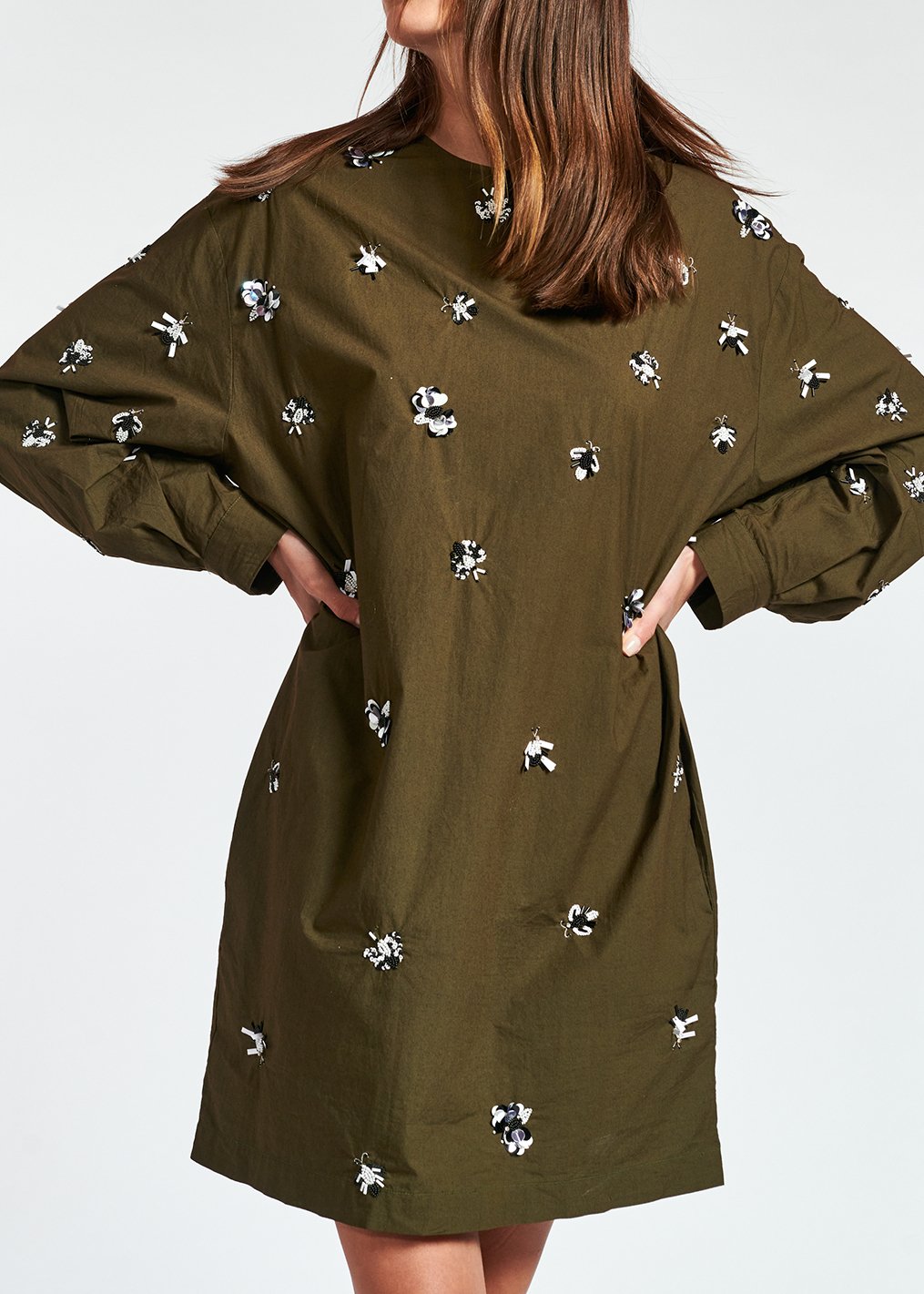 Khaki green cotton-polin dress with sequin details RE—SSENTIEL second-hand photo 4
