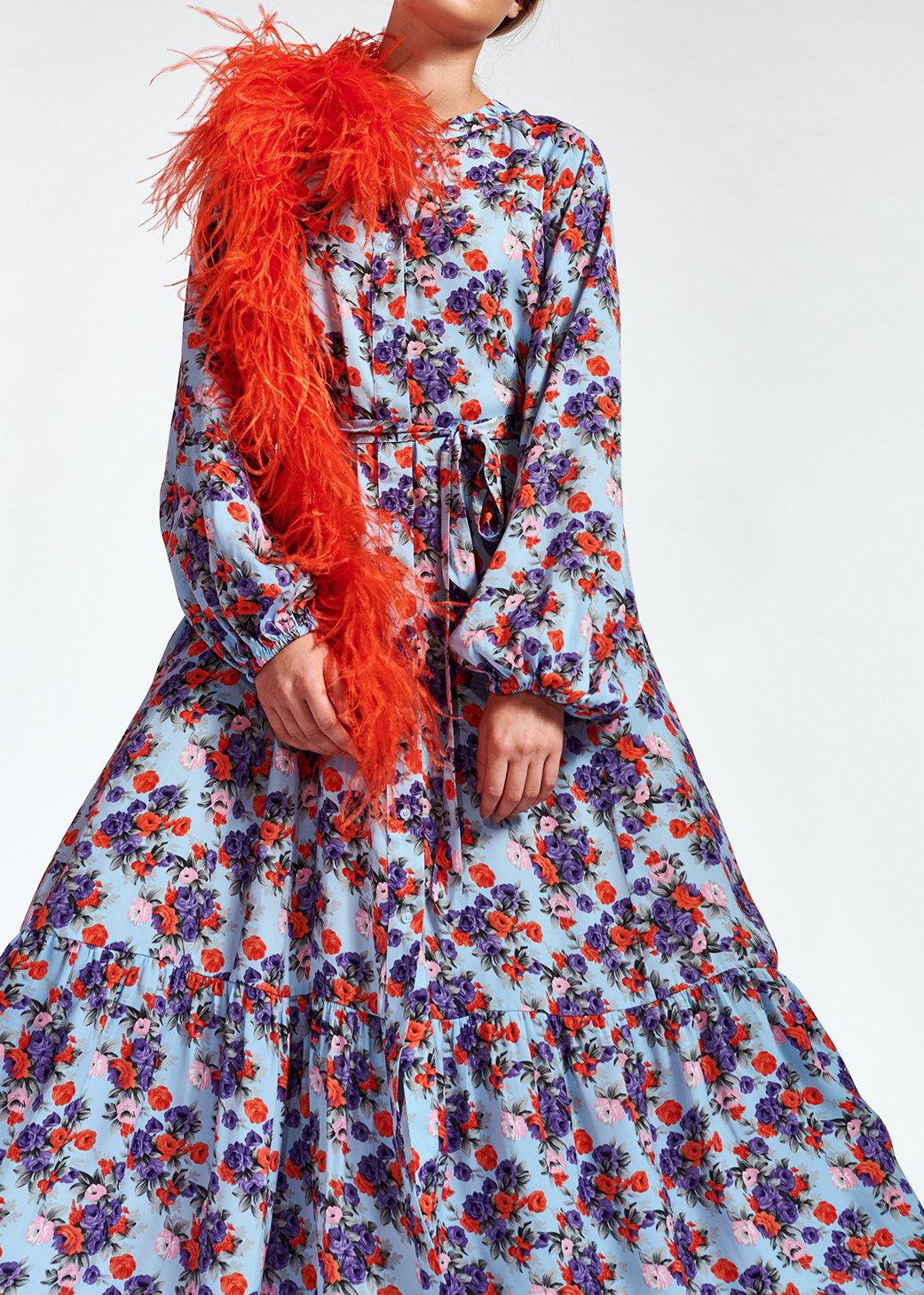 Lichtblauwe maxi-jurk met lange mouwen en bloemen RE—SSENTIEL tweedehands photo 3