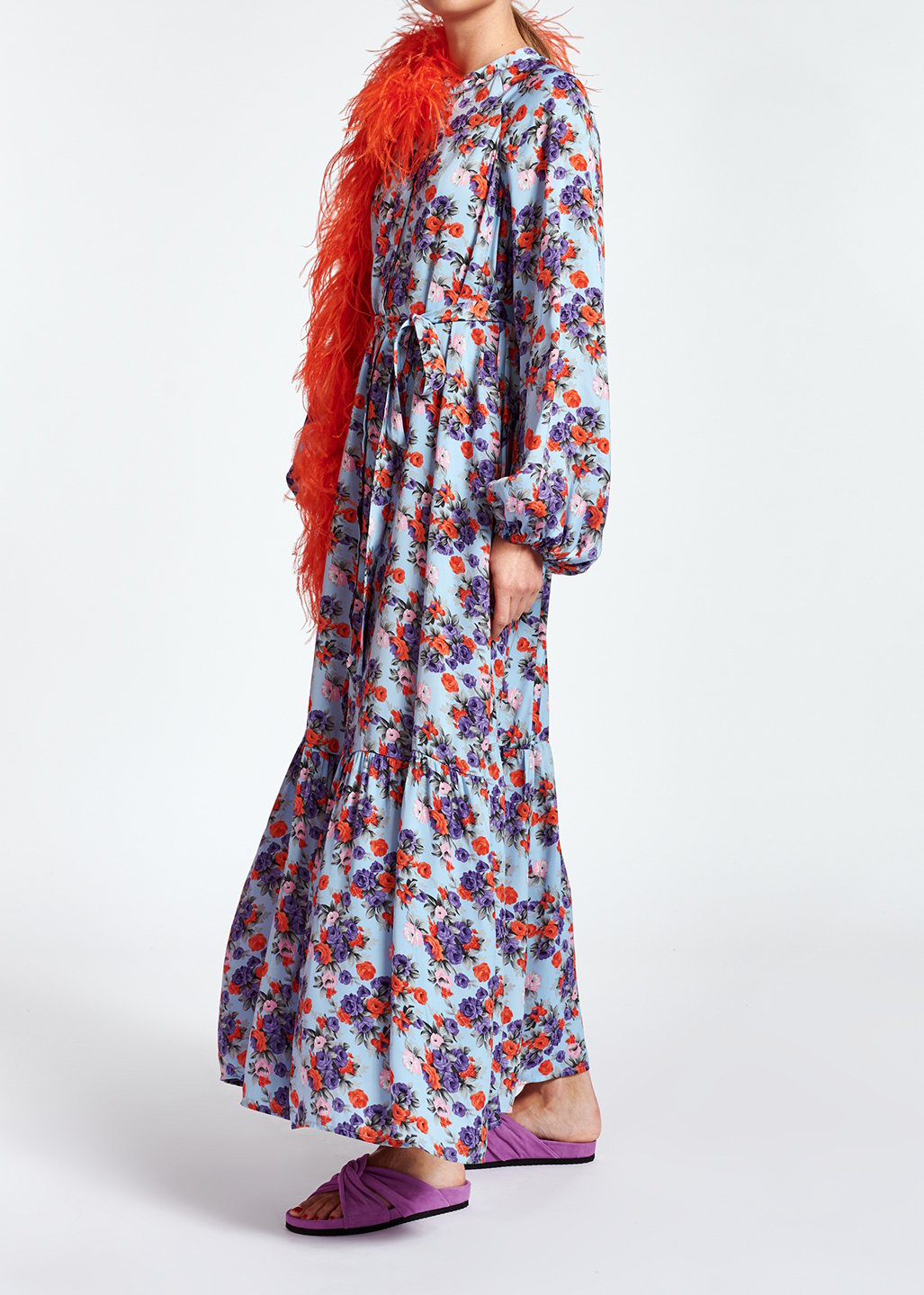 Lichtblauwe maxi-jurk met lange mouwen en bloemen RE—SSENTIEL tweedehands photo 4