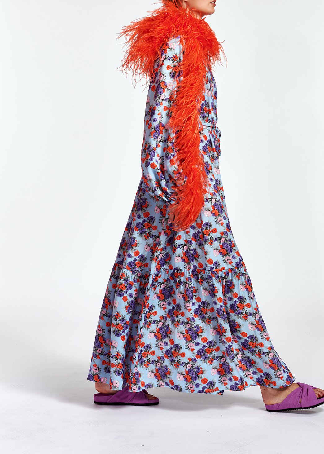 Lichtblauwe maxi-jurk met lange mouwen en bloemen RE—SSENTIEL tweedehands photo 6
