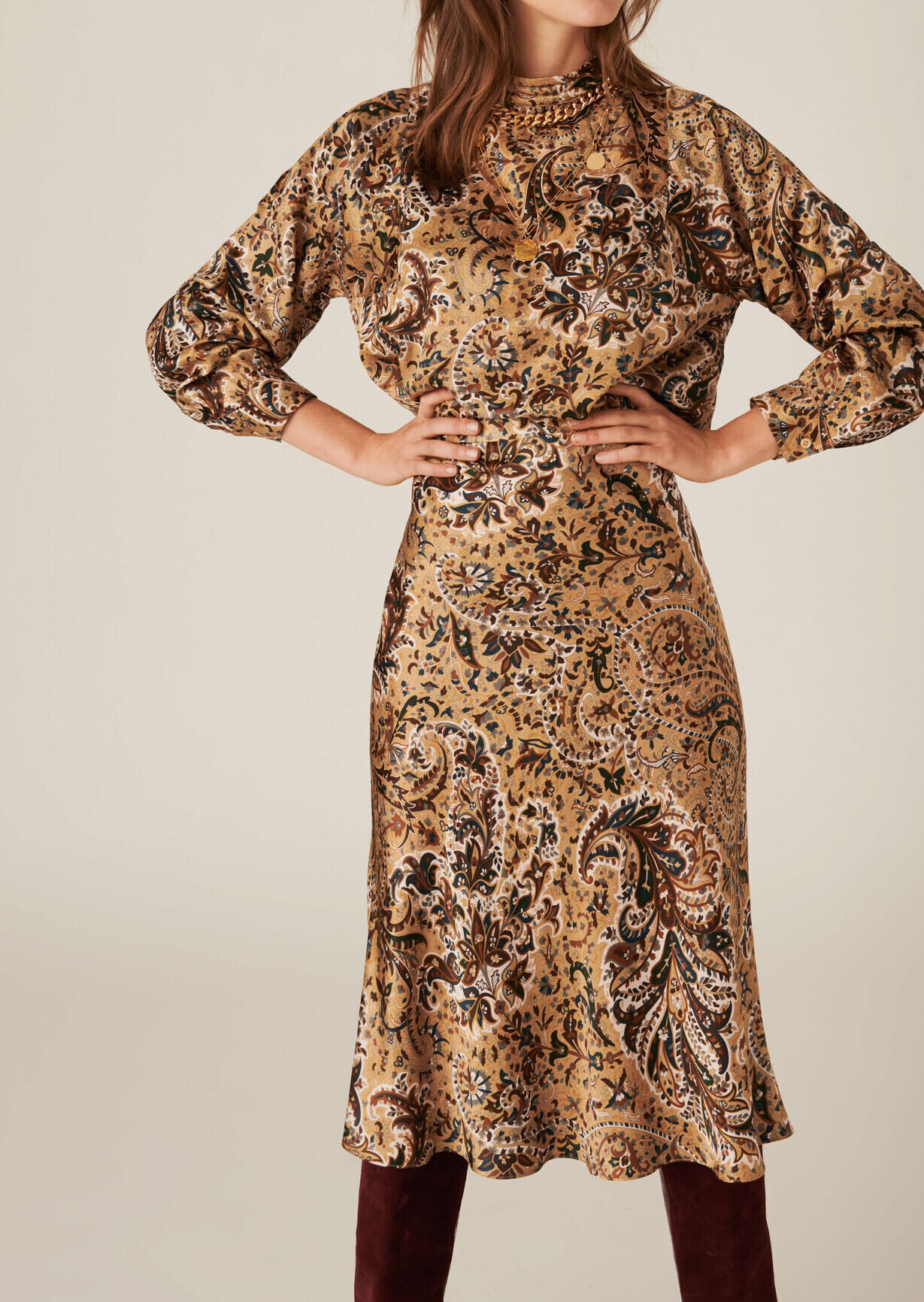 Blouse Tribeca imprimé cachemire camel sur satin viscose de soie Tara Jarmon seconde main photo 4