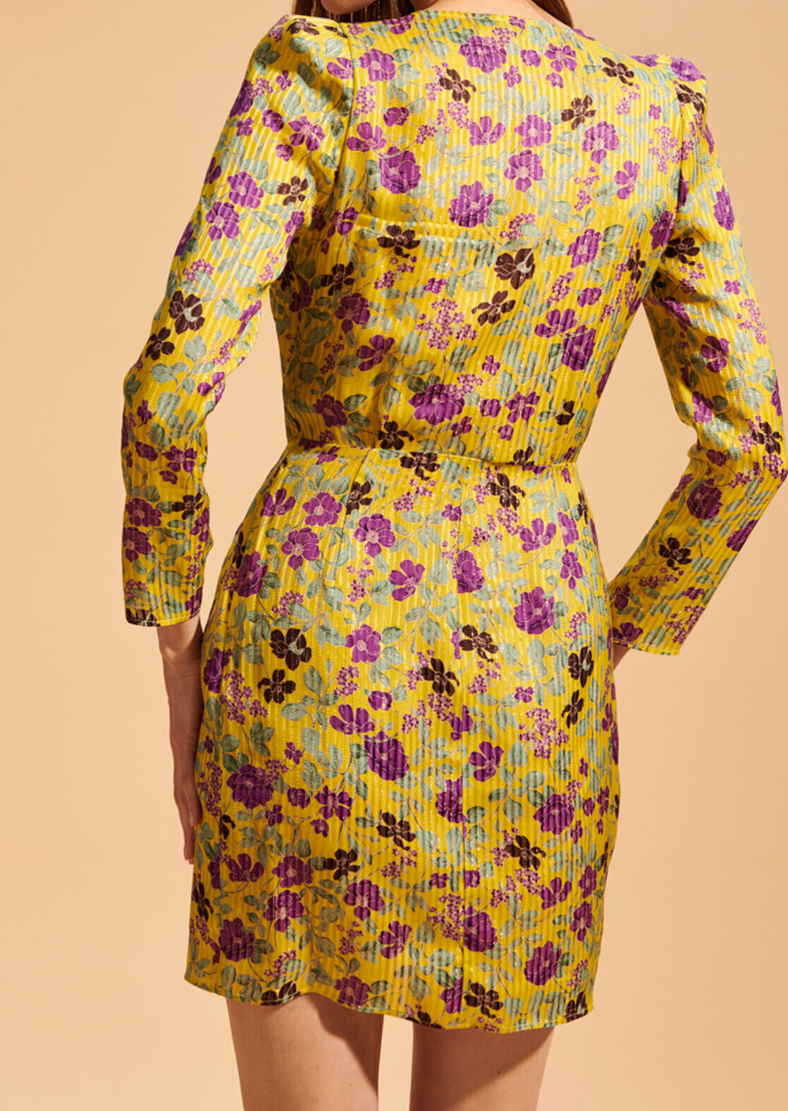 Robe courte Revelyne jaune imprimé fleurs lurex Tara Jarmon seconde main photo 4