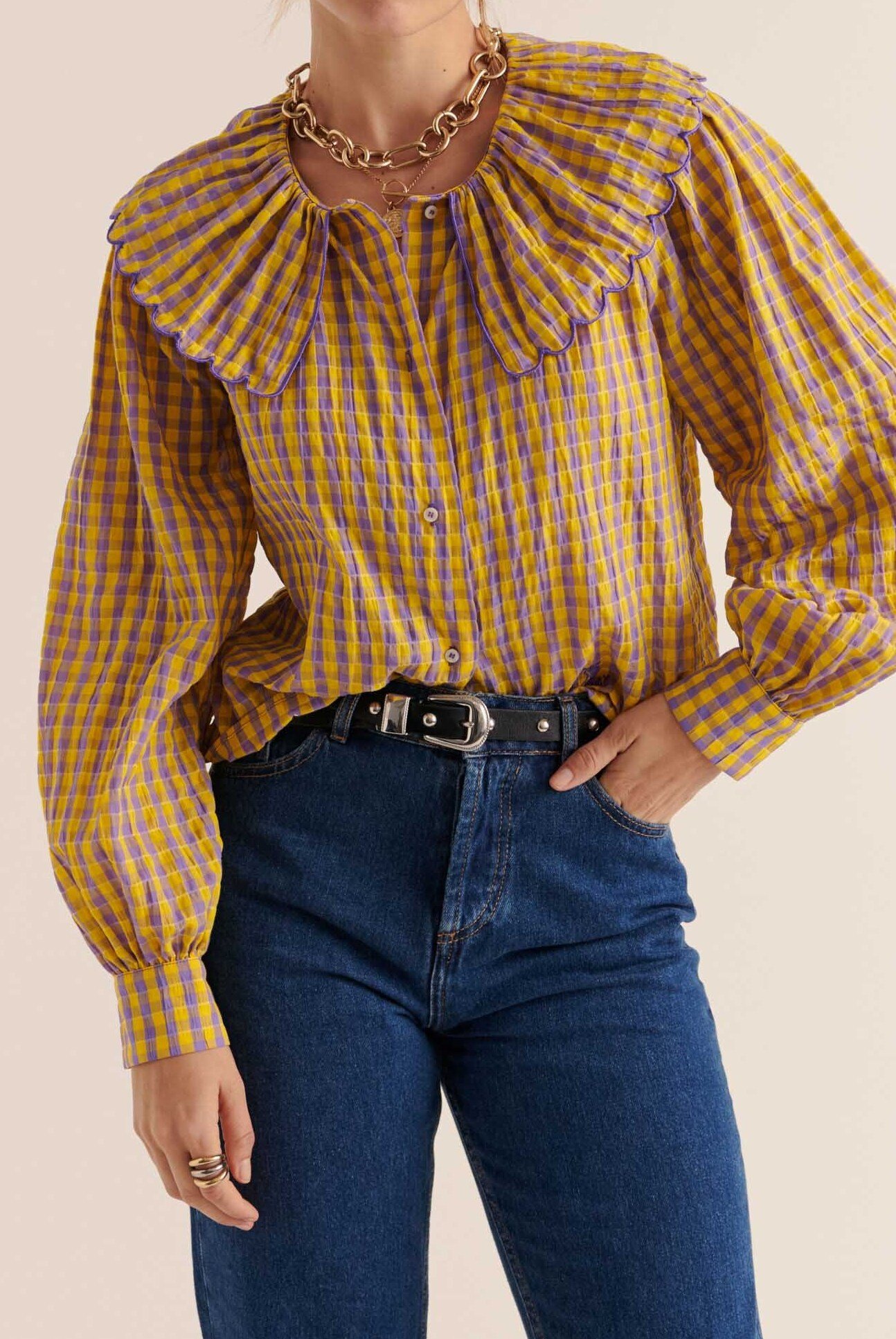 CHEMISE AMY VICHY JAUNE ET VIOLET Balzac seconde main photo 3