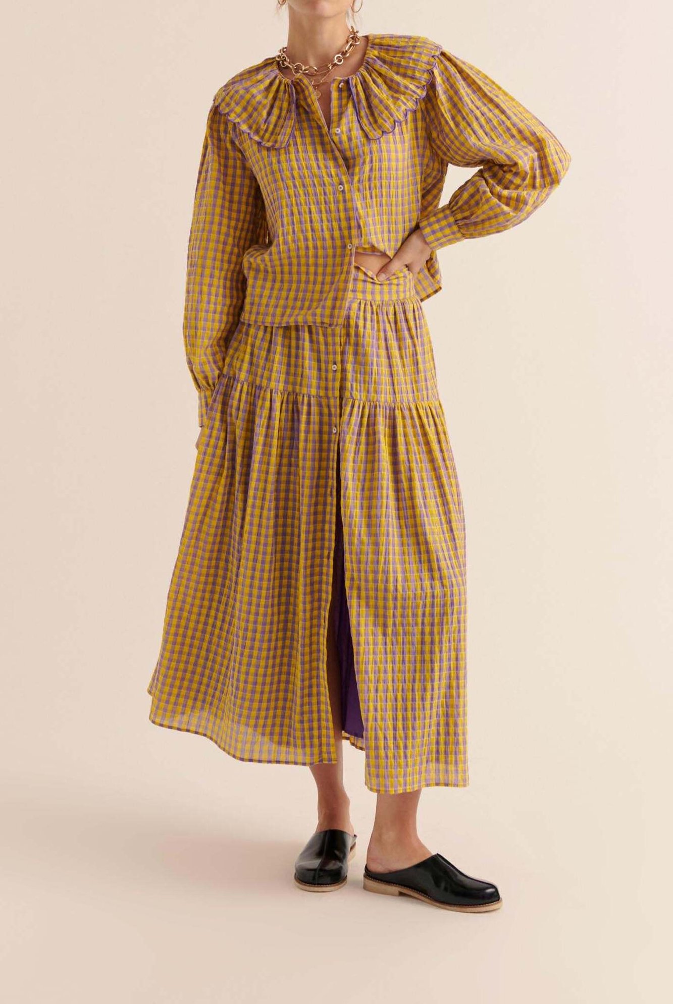 JUPE SALINA VICHY JAUNE ET VIOLET Balzac seconde main photo 2