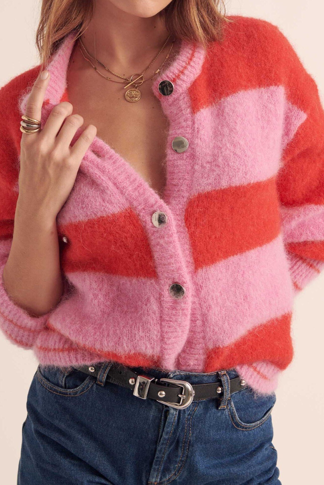 CARDIGAN DOUCEUR RAYURES ROSE ET ROUGE Balzac seconde main photo 2