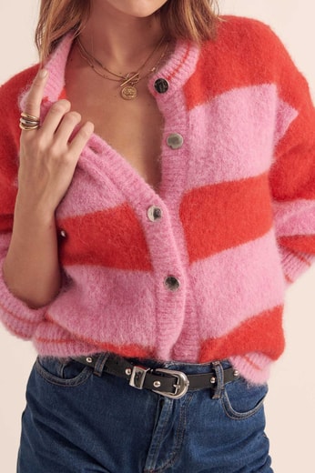 CARDIGAN DOUCEUR RAYURES ROSE ET ROUGE Balzac seconde main photo 2
