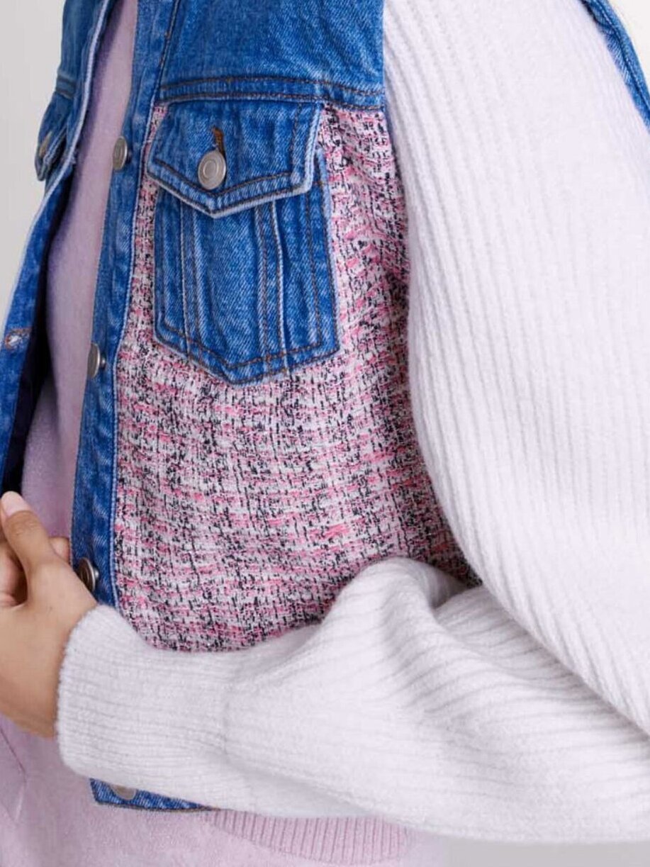 Denim and tweed cropped jacket Maje second-hand photo 5