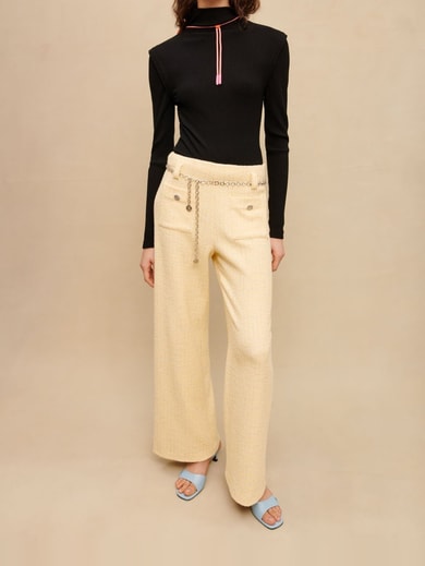 Pantalon ceinturé en tweed jaune Maje seconde main photo 2