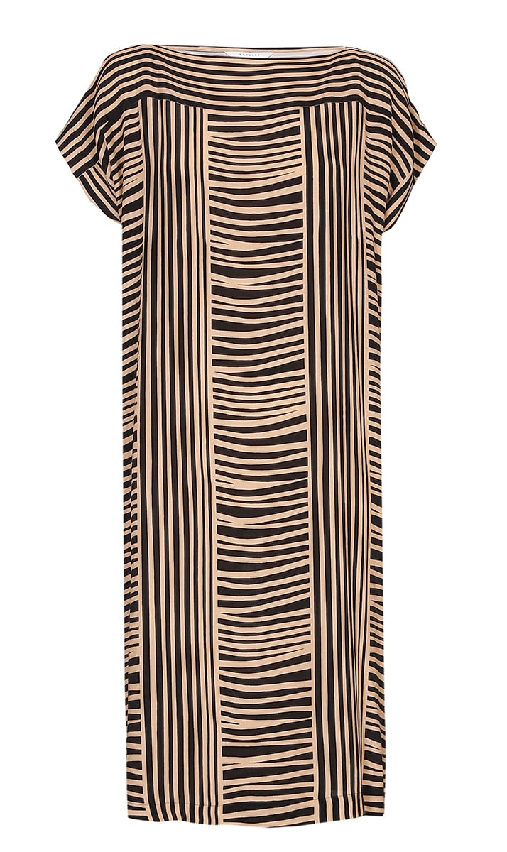 KORTE JURK MET BEIGE EN ZWARTE STREPEN Xandres tweedehands photo 3